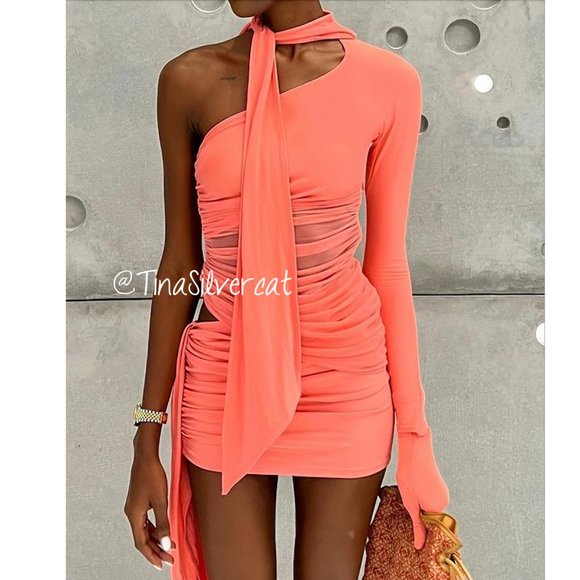 Mugler H&M Collector's Edition Knot-detail One-shoulder Dress Pink NWT - Picture 3 of 17